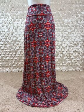 Gilli Red Blue Geometric Print Maxi Skirt | Fold-Over Waist | Size M